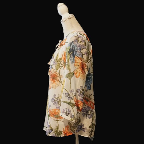 Daniel Rainn White Multi-Color Floral Print Sheer ¾ Sleeve Blouse Women’s Small - Picture 6 of 9
